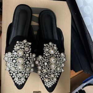 Black Mules/Slides with Decorative Pearls